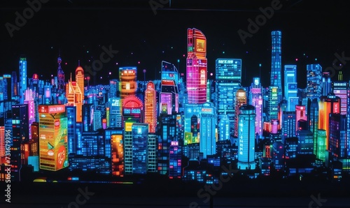 Colorful neon lights of city at night. Illuminated skyscrapers