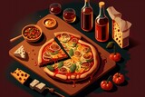 AI generated illustration of a gourmet sliced pizza and condiments nearby