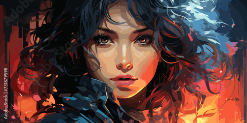 Portrait of anime cyber girls with huge light sword. Illustration in the retro style film. vecto