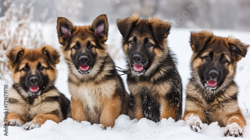 a group of dogs with their noses closed sitting on the snow