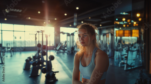 Woman resting at gym with thoughtful expression