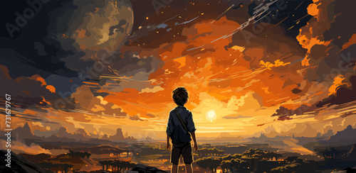 the boy plays paper airplanes and looking at planes flying in the sunset sky, digital art style, illustration painting