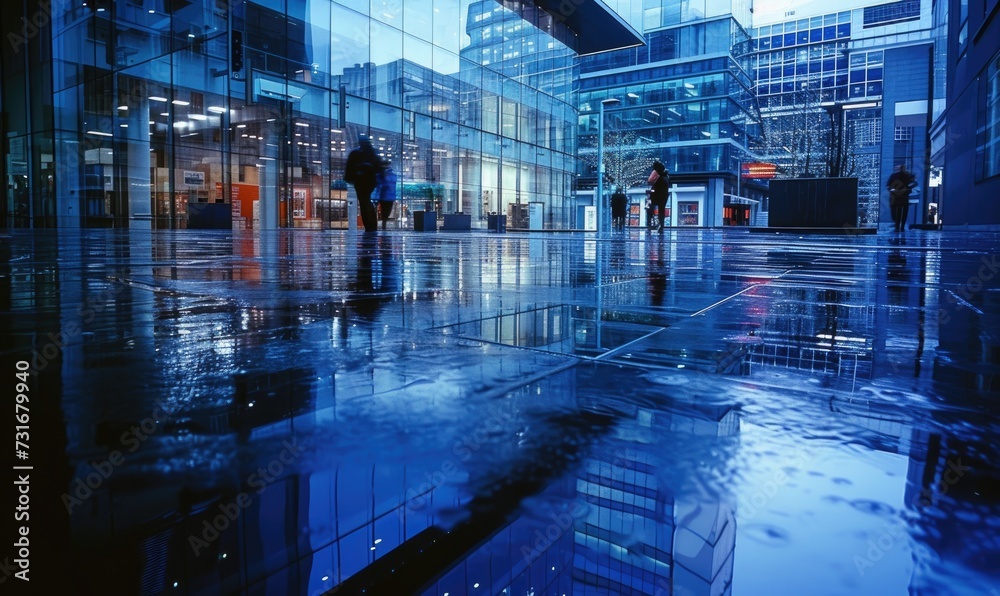 Reflection in the wet floor of a modern office building at night