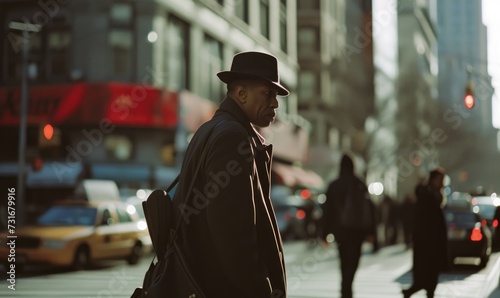 Handsome young man in a black coat and hat walking in the city at sunset