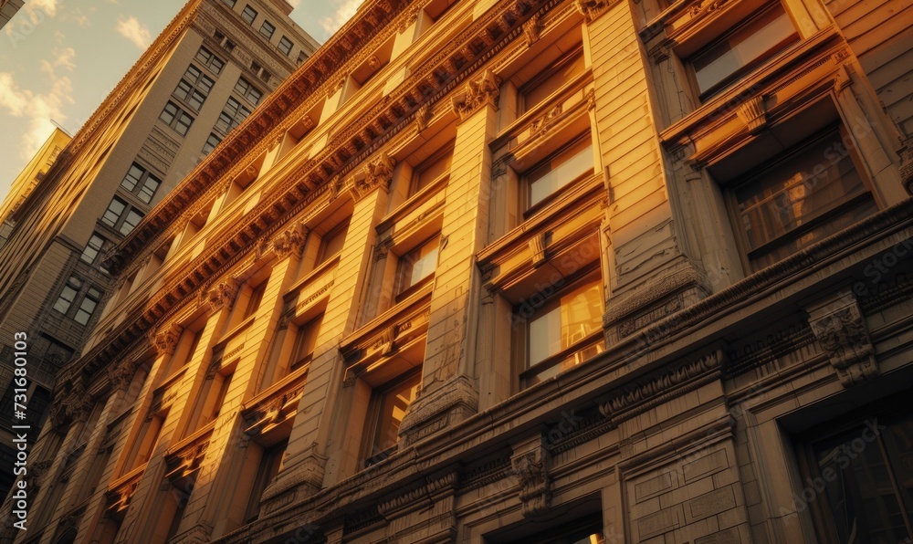 Obraz premium Building facade in warm sunset light. Architectural details of the city.