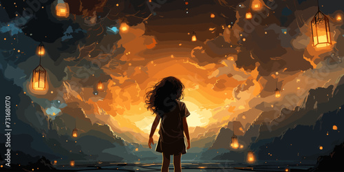 A young girl standing during the day reaching out to grab a star in the night dimension, digital art style, illustration painting