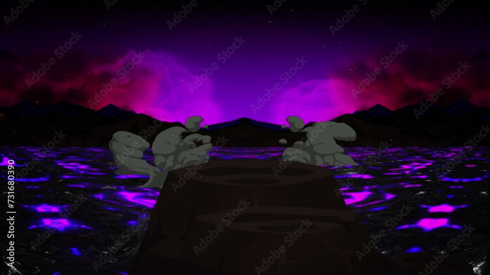 Panoramic animation of violet lava flow in desert island. Looped cartoon background of molten rock in hell. Indigo magma field in outworld. Fireballs hit the ground. Animated landscape of purple fire