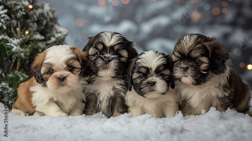 four cute puppies sitting next to each other in the snow © Wirestock