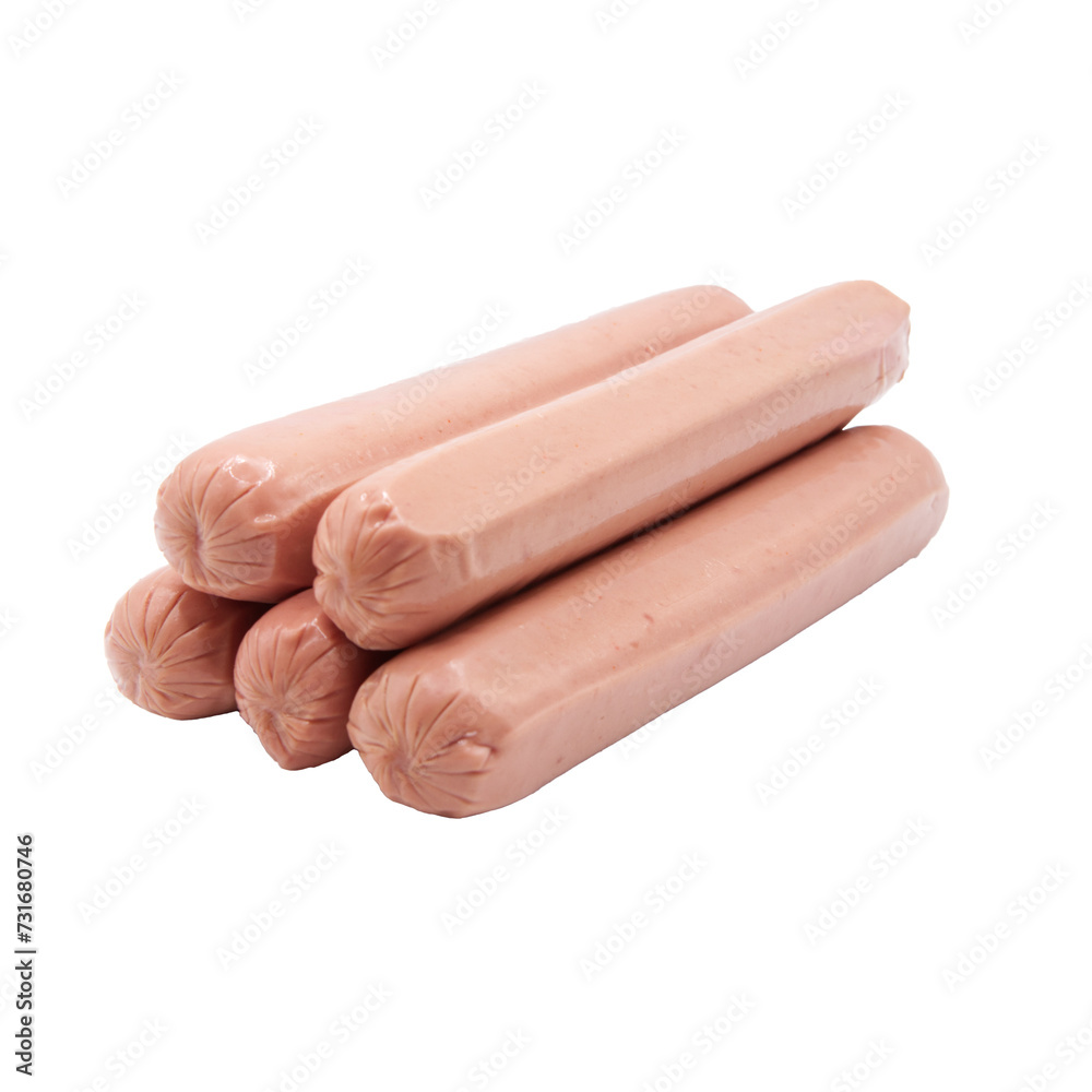 Front view of 5 sausages stacked isolated on a cutout PNG transparent background Front view of 5 sausages stacked isolated on a cutout PNG transparent background