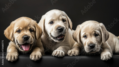 three dogs laying on the side of a black surface posing for a photo