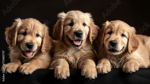 three golden retriever puppies pose for a picture on the ground