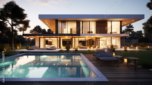 Modern luxury home exterior with pool at twilight, elegant architectural design © Robert Kneschke