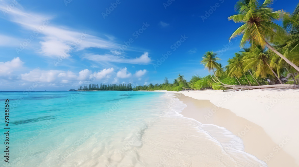 Tropical paradise beach with crystal clear water and white sands under a blue sky