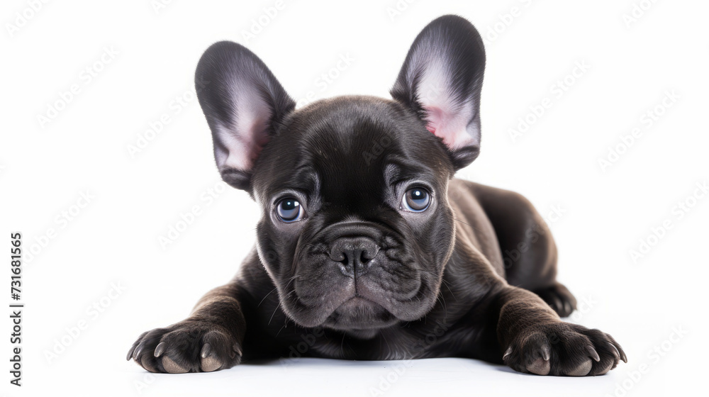 Adorable French Bulldog puppy with big ears lying on a white background