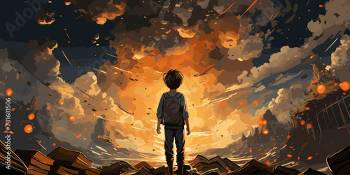 boy standing on the opened book and looking at other books floating in the air, digital art style, illustration painting