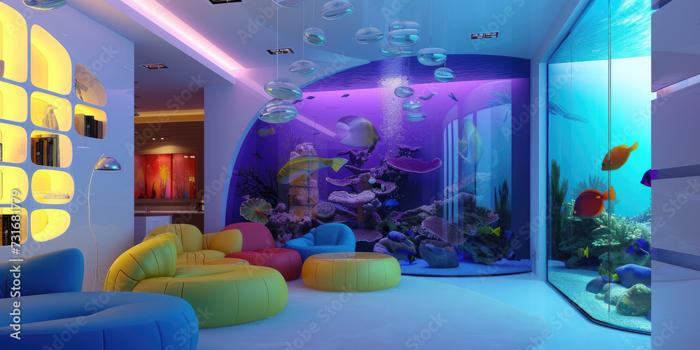 a design of modern living room with a aquatic aquarium and colorful furniture