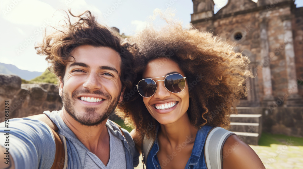 Joyful young couple taking a selfie on a sunny vacation trip Joyful young couple taking a selfie on a sunny vacation trip