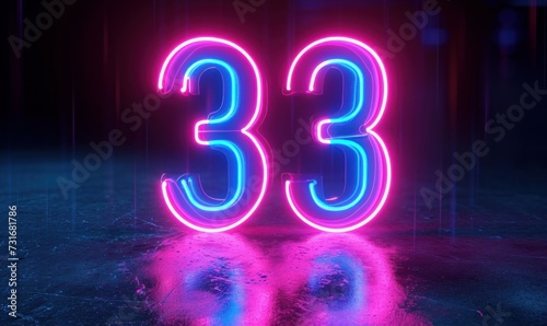3d render, number three glowing in the dark, pink blue neon light, Generative AI