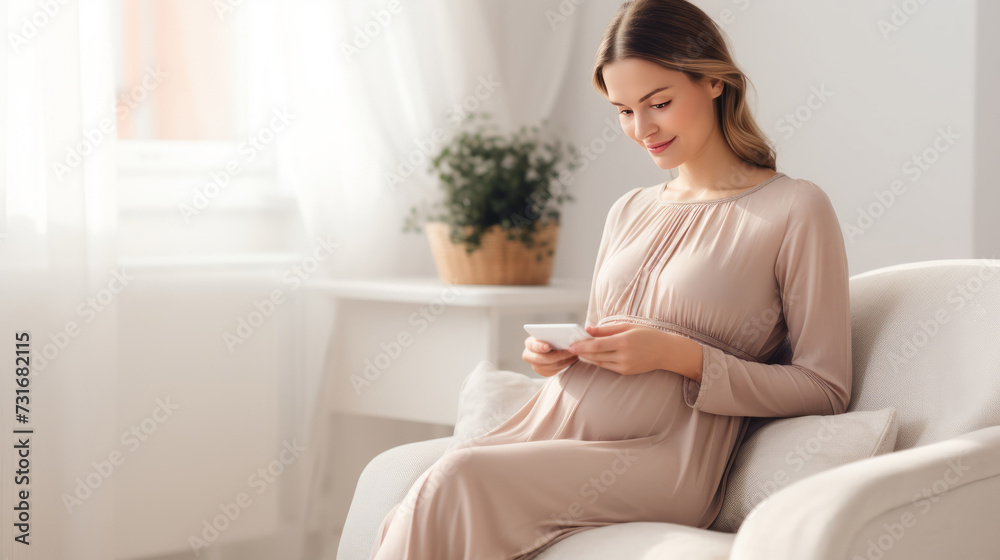 Serene pregnant woman relaxing on couch using smartphone Serene pregnant woman relaxing on couch using smartphone