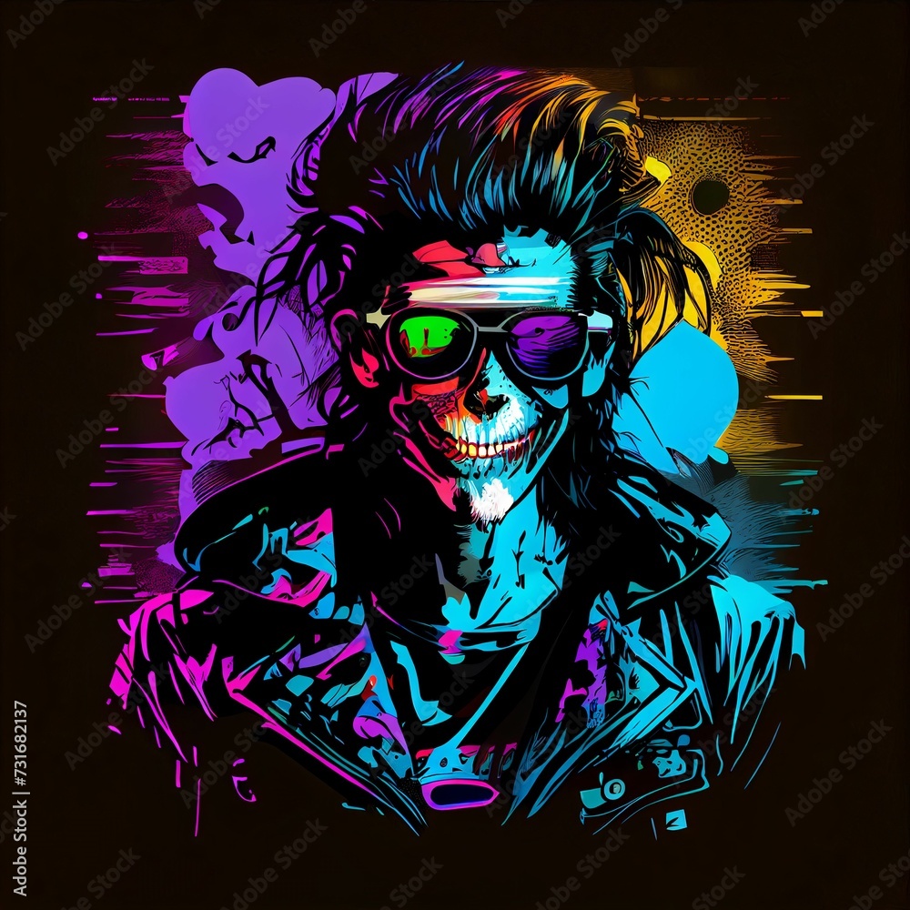 AI generated illustration of a sinister man with glasses on a colorful background AI generated illustration of a sinister man with glasses on a colorful background