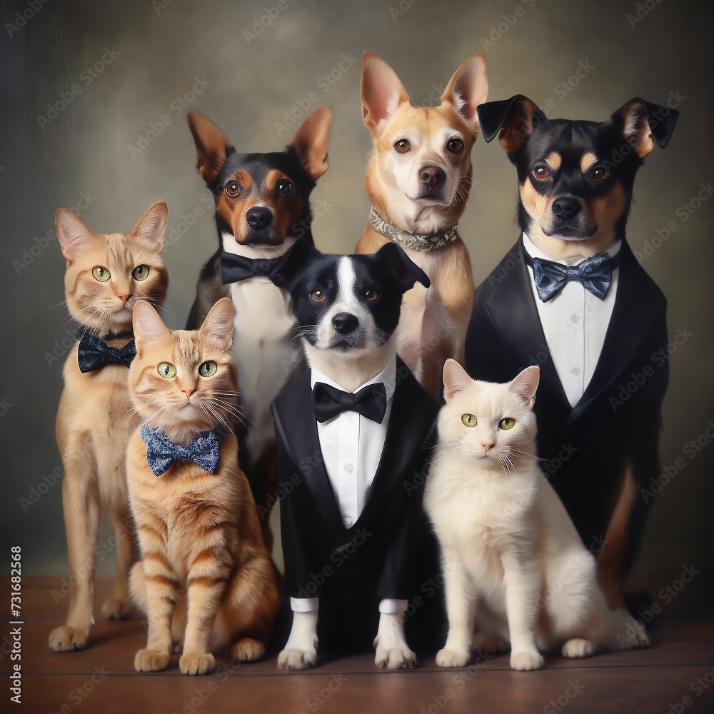 AI generated group of cats and dog in formal clothes