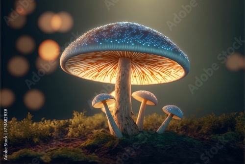 AI generated illustration of a patch of green mossy ground with a cluster of mushrooms