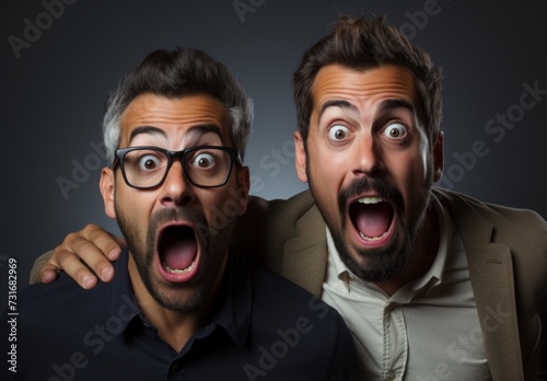 Two men enthusiastically scream together against gray backdrop, unexpected joy image
