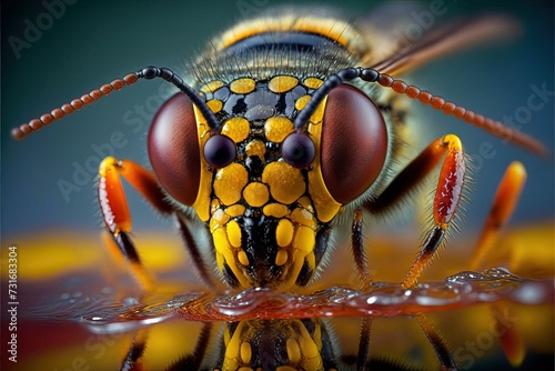 AI generated macro shot of a realistic wasp drinking water
