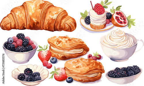 Watercolor pastries clipart croissant bagel bread cupcake pie cafe tea berries vector