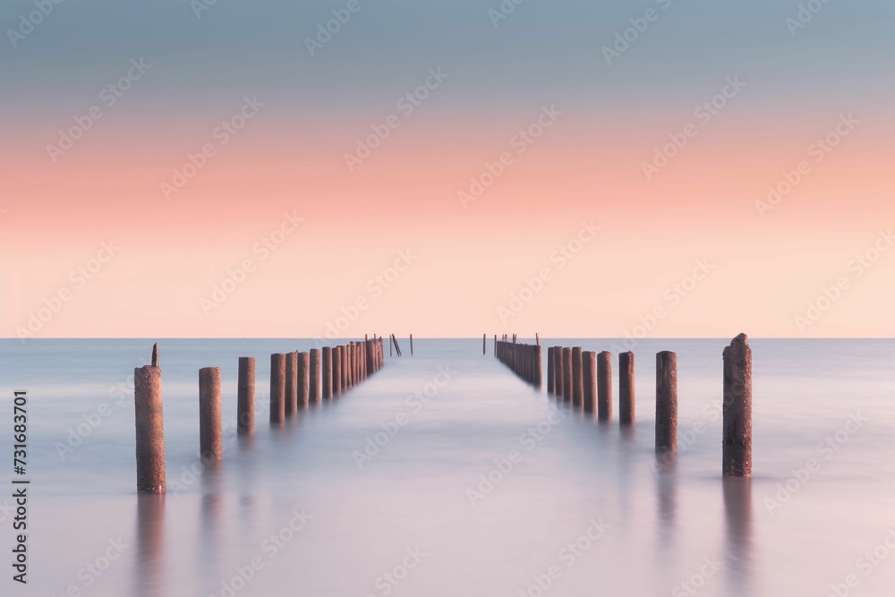 Beautiful long exposure shot of pilings jutting out of the calm waters. AI-generated.