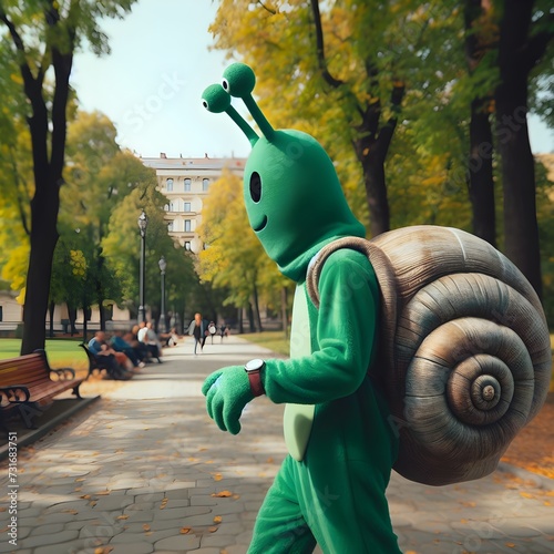 A person in a snail mask and a moss green suit taking a leisurely stroll in the park, a reminder to slow down and enjoy life's simple pleasures - side composition, on park background with copyspace. photo