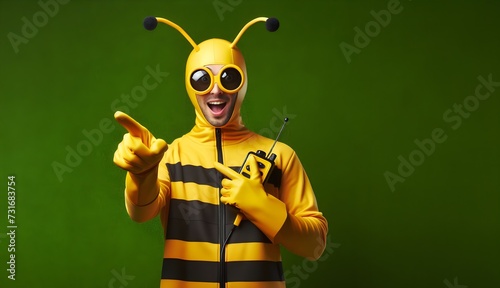Bee  Masked  Someone in  Yellow  Suit  Pointing  Excitedly -grassgreen  Background photo