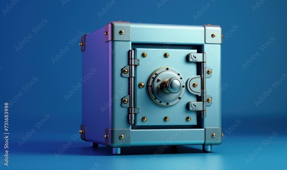 3d render, closed metallic safe box isolated on blue background. Banking safety symbol, Generative AI