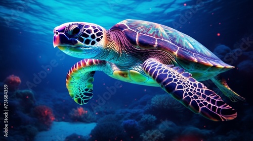 A majestic sea turtle, adorned in vibrant shades of purple and blue, glides gracefully through crystal-clear waters, illuminated by perfect lighting