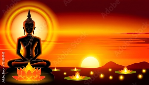 Illustration for magha puja day with a silhouette of a seated buddha in a meditative pose.