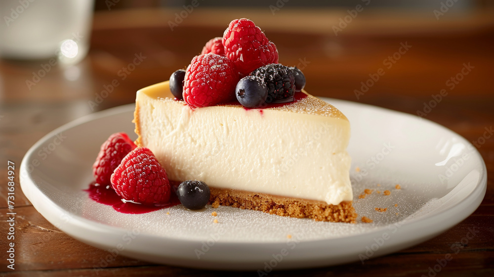 A slice of creamy cheesecake adorned with fresh berries, presenting a delightful combination of textures and flavors A slice of creamy cheesecake adorned with fresh berries, presenting a delightful combination of textures and flavors