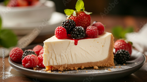 A slice of creamy cheesecake adorned with fresh berries, presenting a delightful combination of textures and flavors