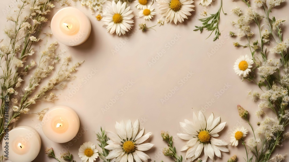 Wildflowers and candles on a beige background with copy space for product presentation or text