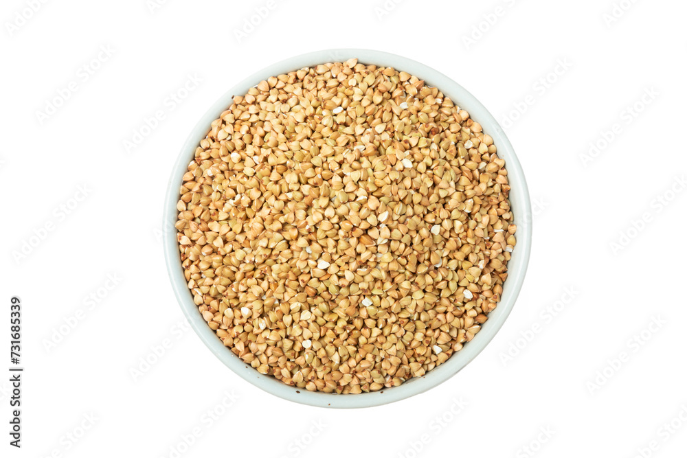Green buckwheat in a bowl isolated on a white background. Superfood. Raw buckwheat porridge. Healthy vegan food, eco products, diet, organic. Green buckwheat in a bowl isolated on a white background. Superfood. Raw buckwheat porridge. Healthy vegan food, eco products, diet, organic.
