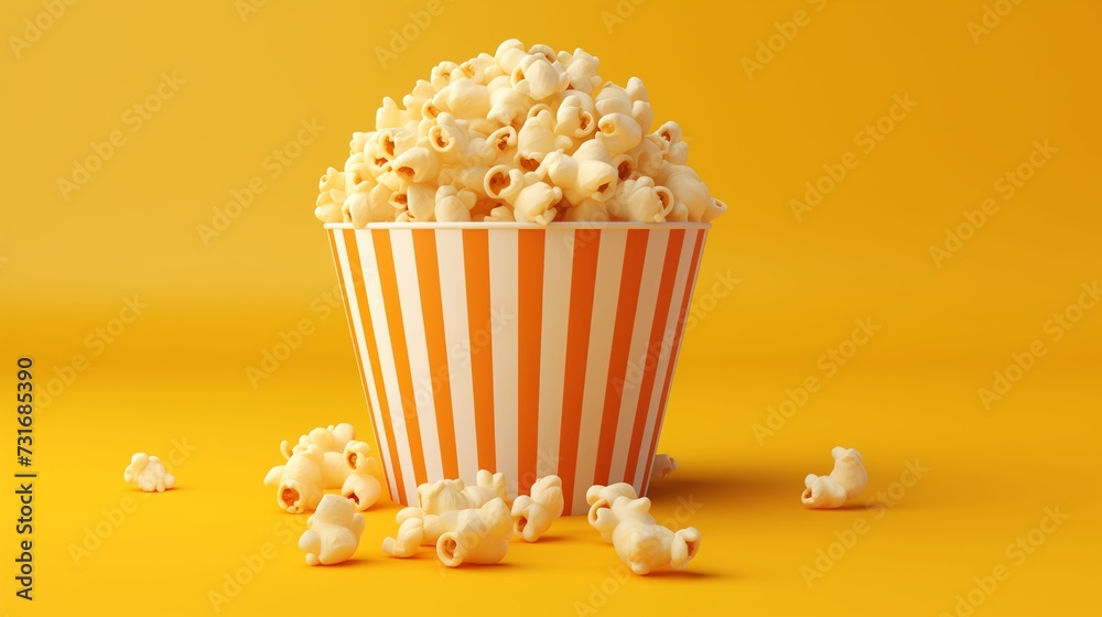 A whimsical and fun illustration featuring a round carton of popcorn creatively designed in cheerful yellow colors, isolated on a matching yellow background. 