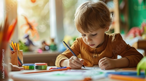 little child drawing, a child sitting at a table with art supplies, drawing on paper. natural lighting fills the room, creating a cozy and creative atmosphere 