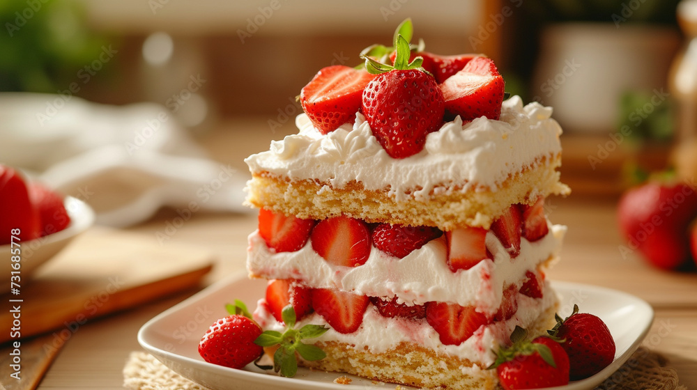 A luscious strawberry shortcake with layers of sponge, whipped cream, and fresh berries, exuding freshness and sweetness A luscious strawberry shortcake with layers of sponge, whipped cream, and fresh berries, exuding freshness and sweetness