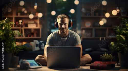 Young sporty man looking video movie, listen music at home in living room. guy with laptop training at gym. active person with headphones, using computer, watching online lessons. male in sportswear