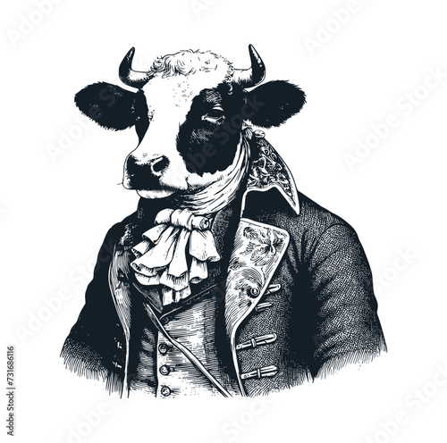 A cow wearing victorian suit. Vector illustration.