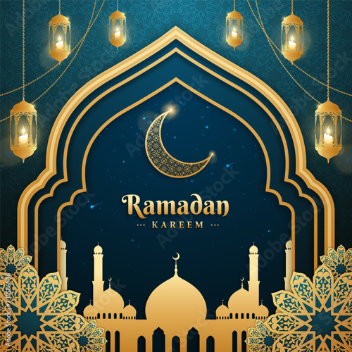 Realistic ramadan kareem social media post template with crescent moon and candle lanterns