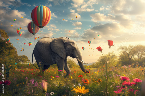 an elephant in fantasy world with many balloons