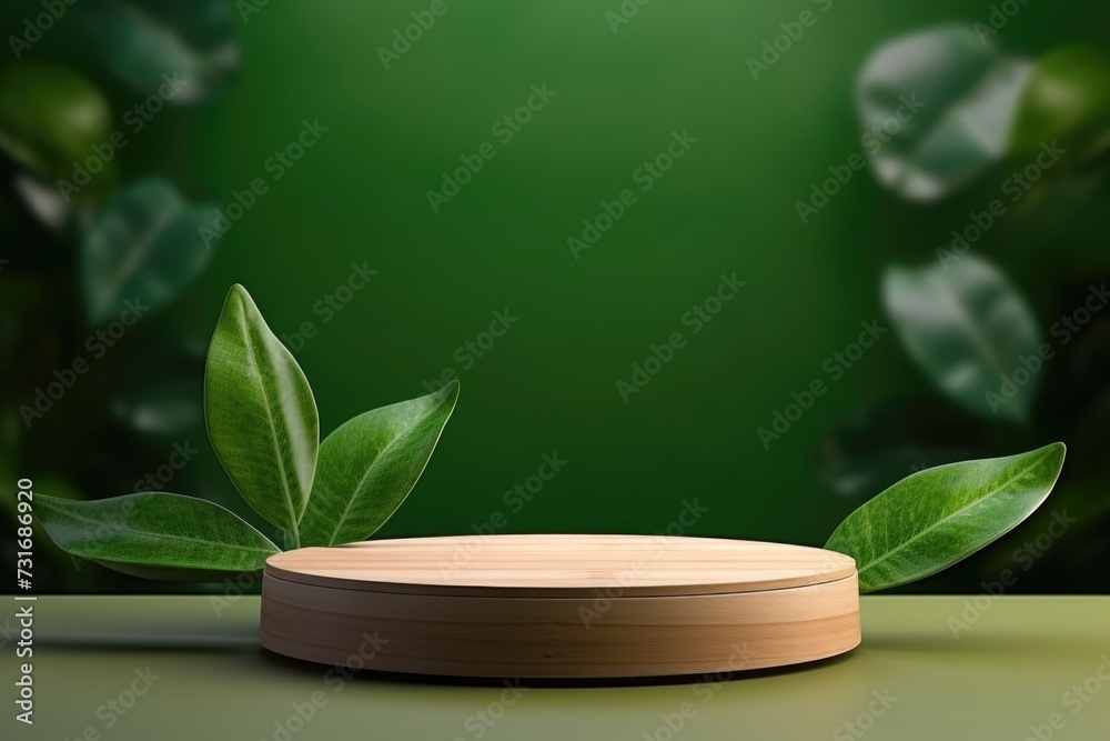 Modern product display with wood podium and green leaves. Modern product display with wood podium and green leaves.