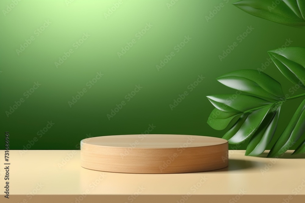 Modern product display with wood podium and green leaves. Modern product display with wood podium and green leaves.