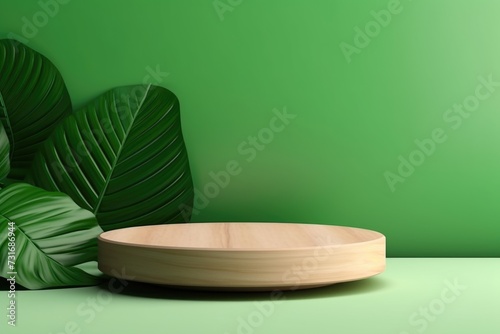 Modern product display with wood podium and green leaves.