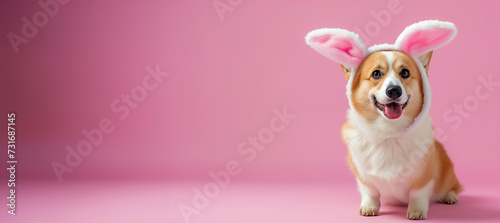 corgi dog wearing easter bunny costume on a pastel pink studio background photo